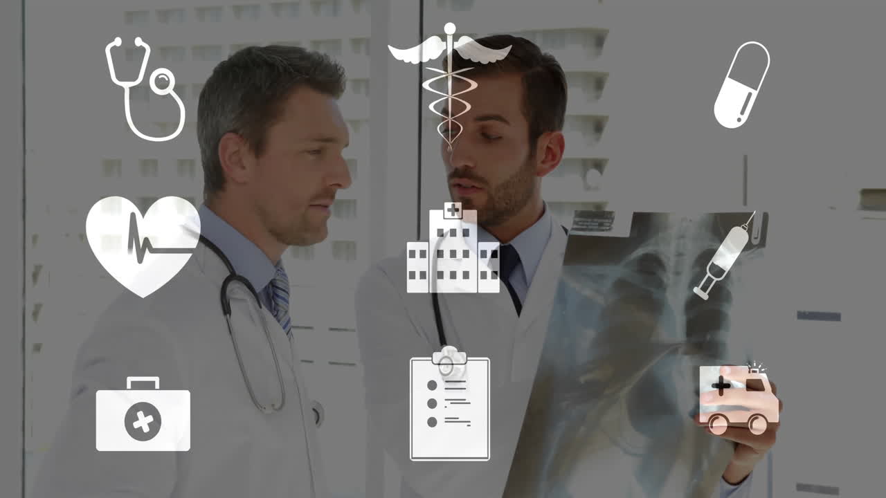 Examining X-ray, doctors with medical icons animation in hospital background