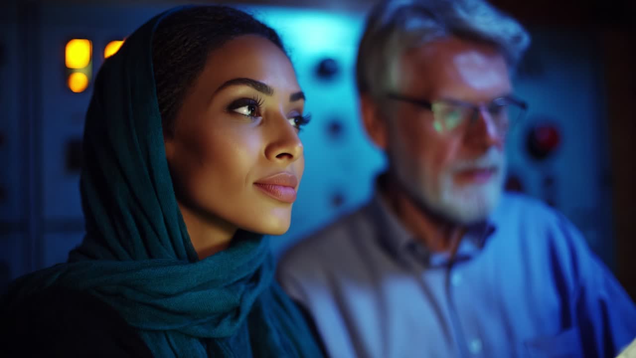 A Captivating Moment of Collaboration: Two Focused Individuals Analyzing Data Together in a Control Room, Embodying Concentration and Commitment to Their Task Amidst a Technologically Advanced Environment