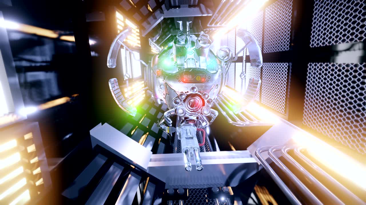 우주선의 복도를 날아가는 순찰 군용 드론, 배경과 제목에 대한 sf 미래의 우주 터널 vj, 원활한 sf 루프, 우주선 복도에서 날아가는.