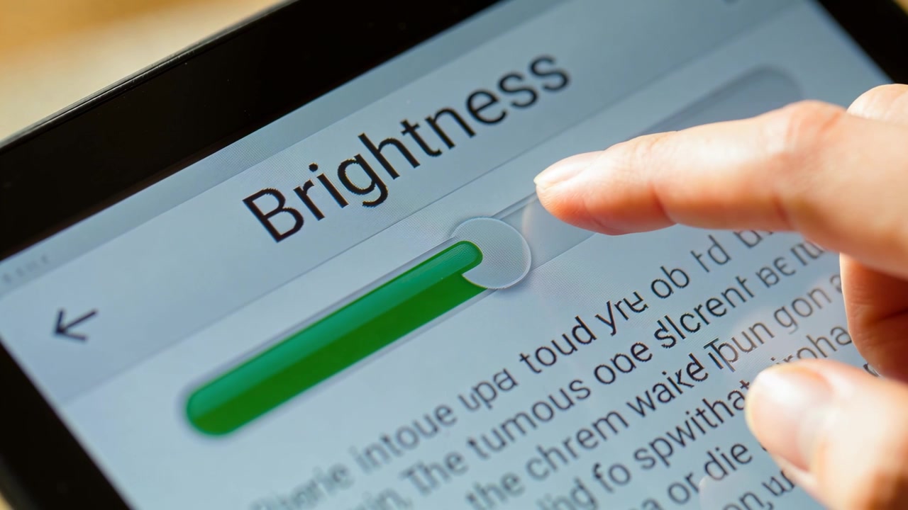 Fingertip approaching tablet screen, dragging brightness slider slightly to adjust display at home
