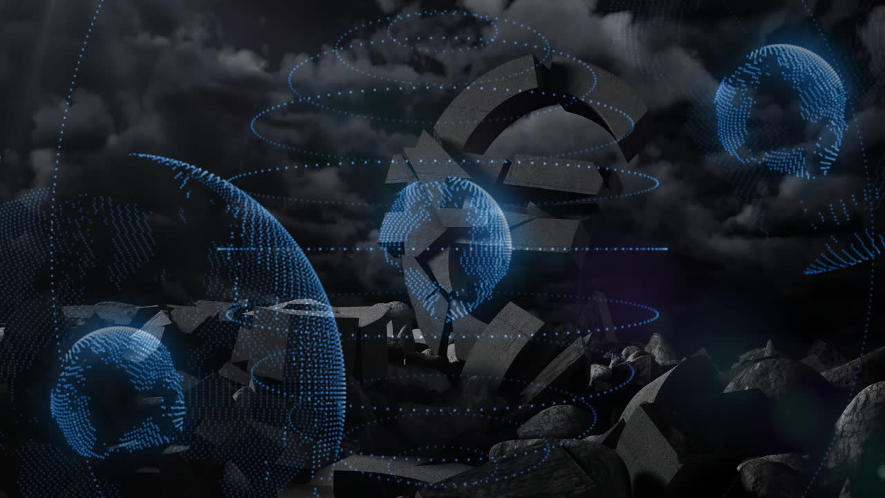 Animation of digital globe with abstract blue dots against stormy sky background
