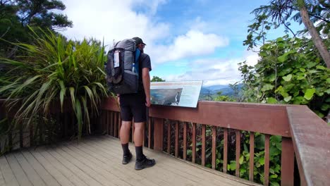 un excursionista camina y se para en un puesto de observación en la silla de montar de la ensenada en la pista de la reina charlotte en la isla sur de nueva zelanda