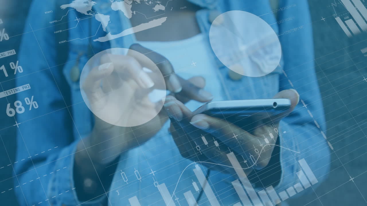 스마트폰을 사용하는 아프리카계 미국인 여성에 대한 금융 데이터 처리 애니메이션