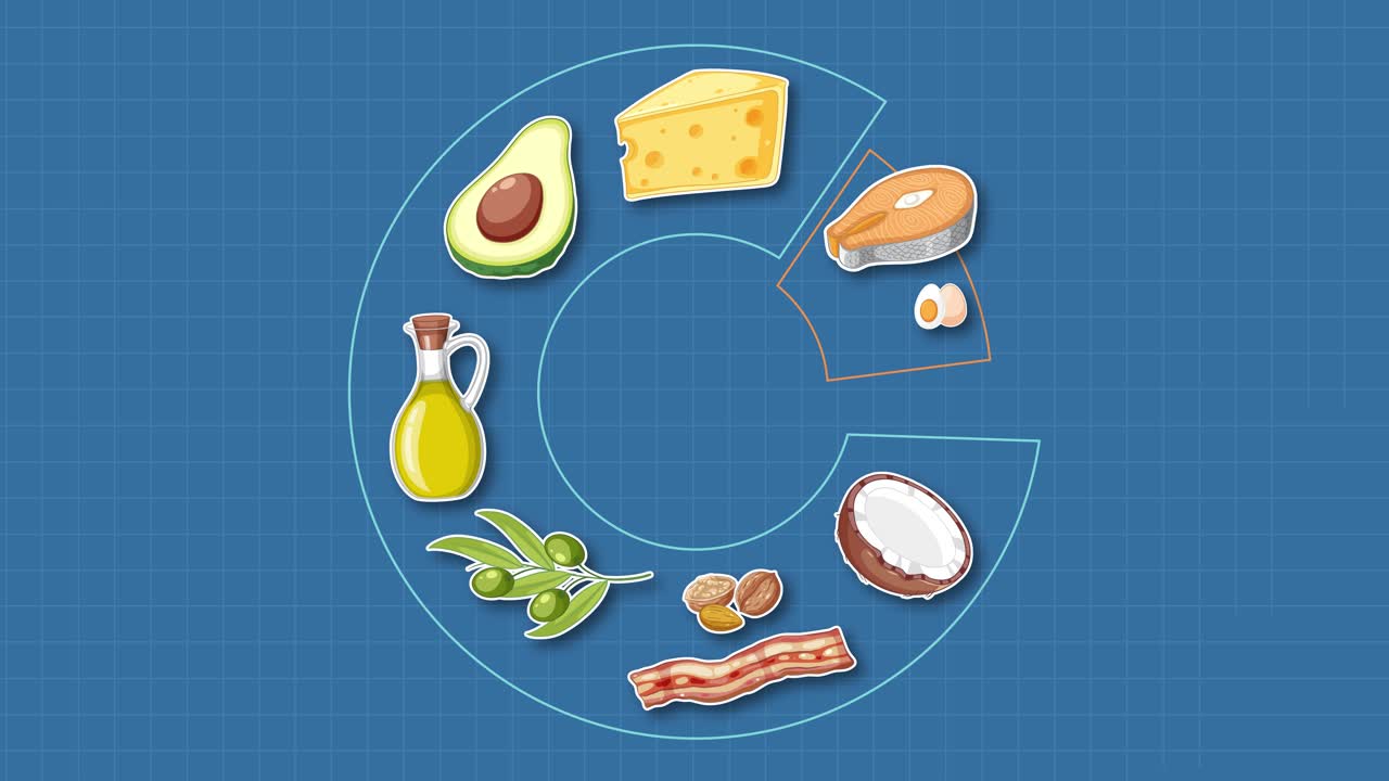 Circular animation arranges illustrated low-carb foods on dark blue grid, smooth transitions, flat vector style
