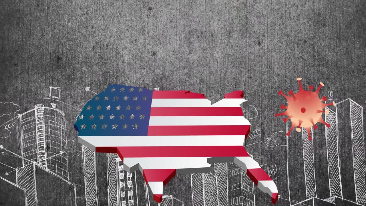 회색 배경에 미국 국기가 그려진 미국 지도 위의 코로나바이러스 세포의 애니메이션