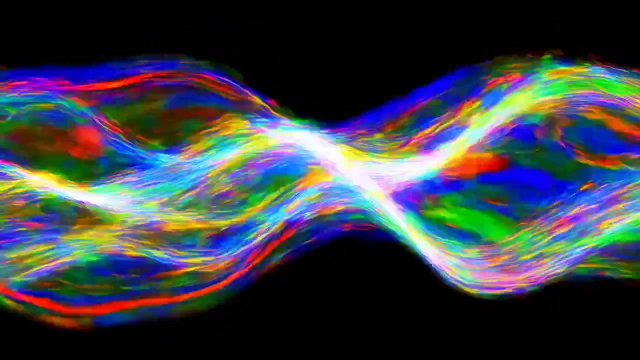 Levendige neonlichtgolven op zwarte achtergrond, veelkleurige lichtgevende linten die in ritmische beweging draaien, elektrisch