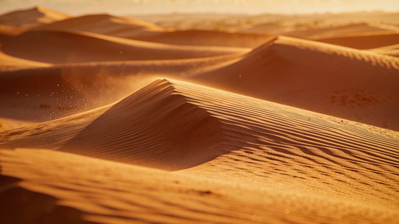 La telecamera si sposta mostrando la cresta di una duna centrale nel deserto, il vento solleva sabbia fine e forma increspature.