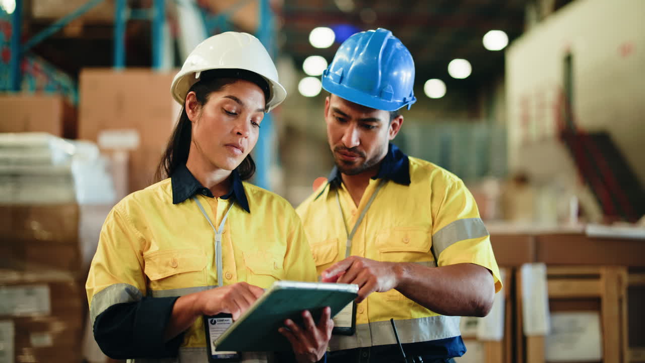 Two Warehouse Workers Discussing Inventory on a Digital Tablet