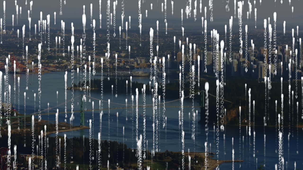 도시 풍경 위의 데이터 처리 애니메이션