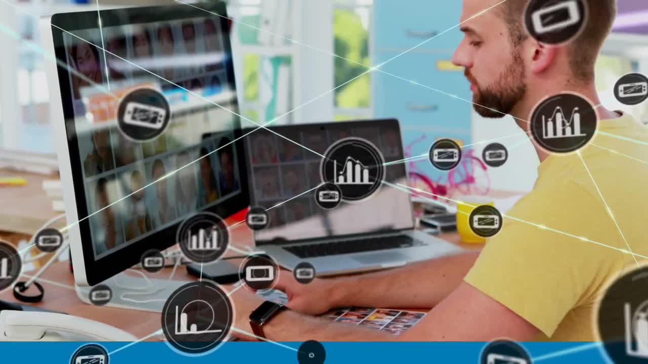 animación de la red de conexiones con iconos sobre el hombre de negocios utilizando la computadora