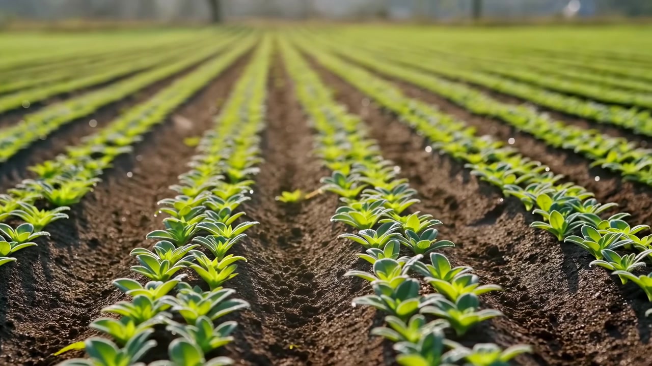 Culturas jovens em fileiras organizadas, campo cultivado estendendo-se em direção ao horizonte com fundo em desfoque suave, solo rico arado