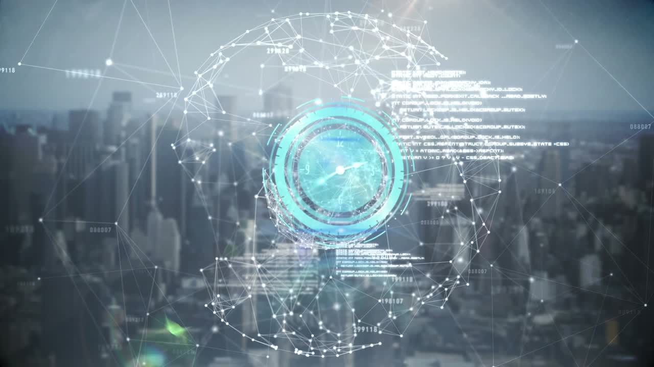Animation of clock moving fast, globe and connections over cityscape
