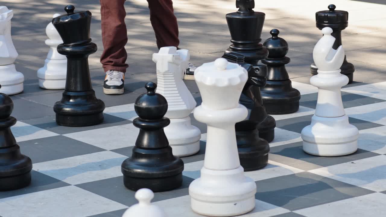 People playing giant chess in a public space