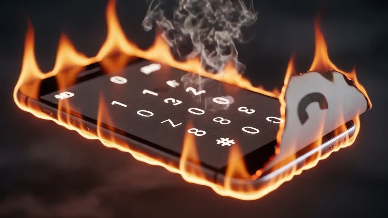 A smartphone surrounded by flames, showcasing burning numbers that symbolize danger, emergency, or digital chaos as it represents turbulence in modern technology