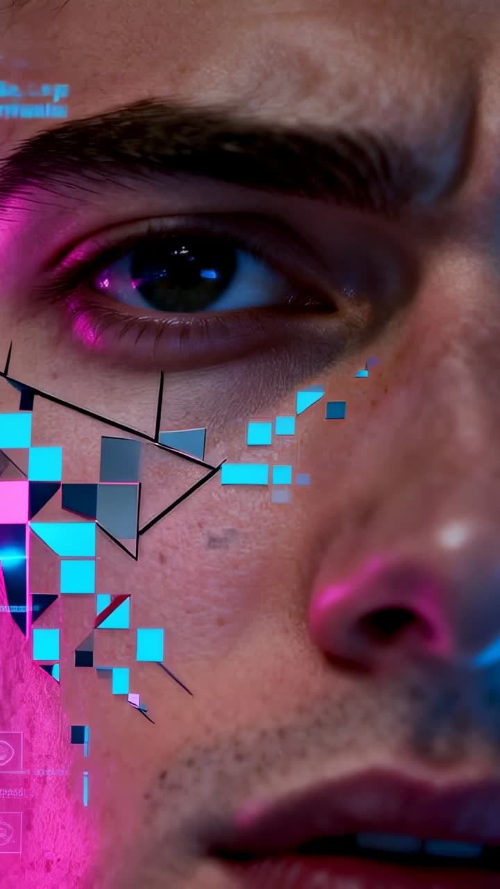 Vertical video: Starting scan graphic, male holding furrowed gaze for portrait, with teal pixels