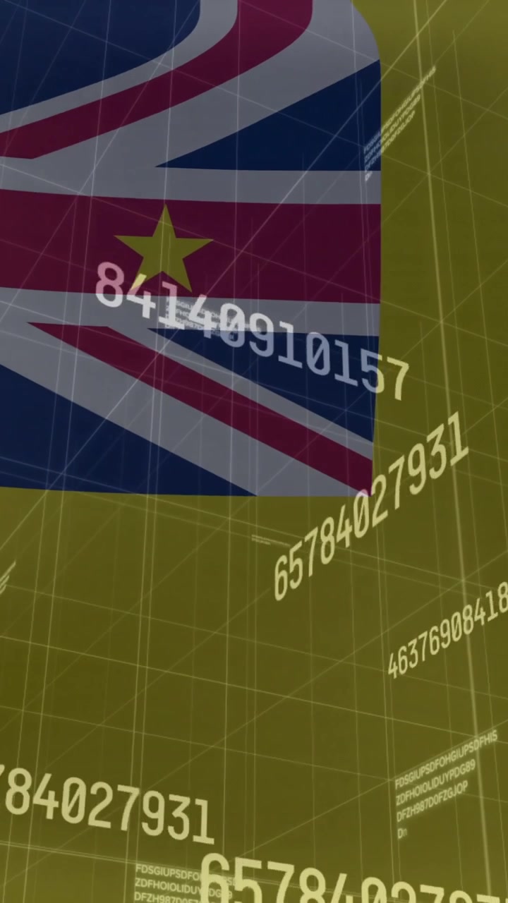 Bandiera di Niue che sventola con animazione di dati numerici fluttuanti su griglia digitale