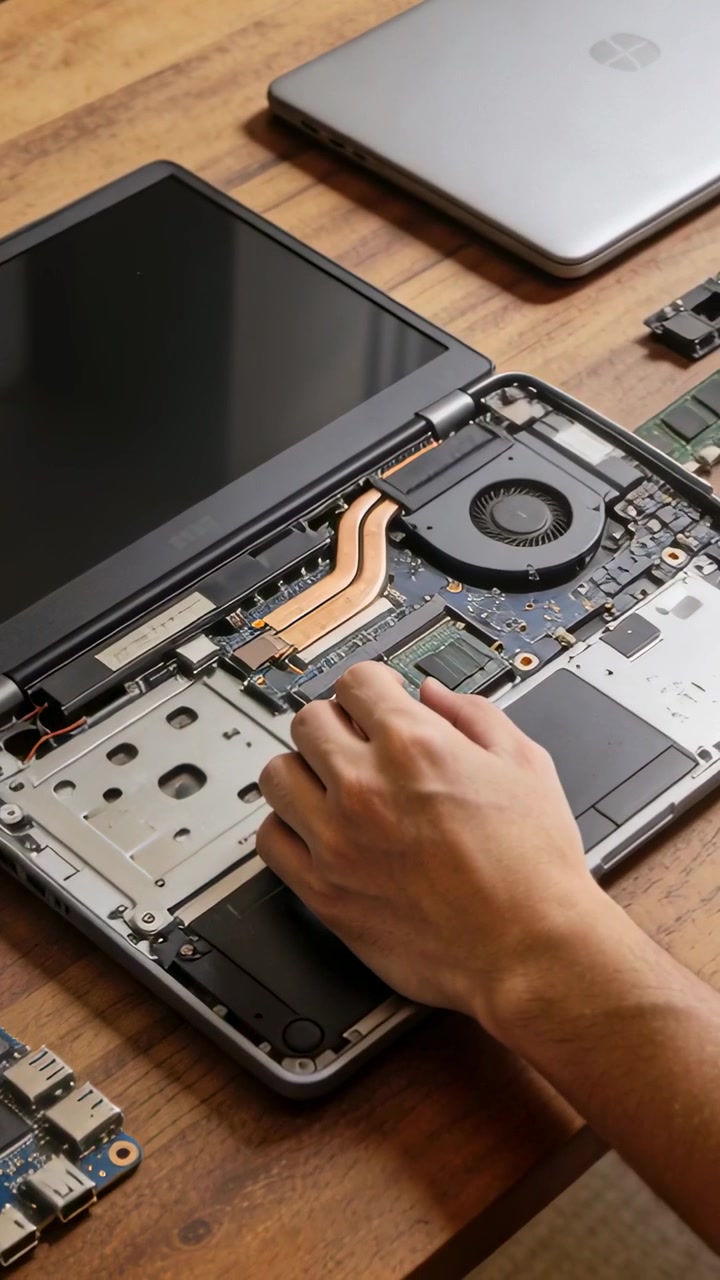 Vertical video: Opening laptop, tech removing shield and seating RAM at desk for repair, with fan