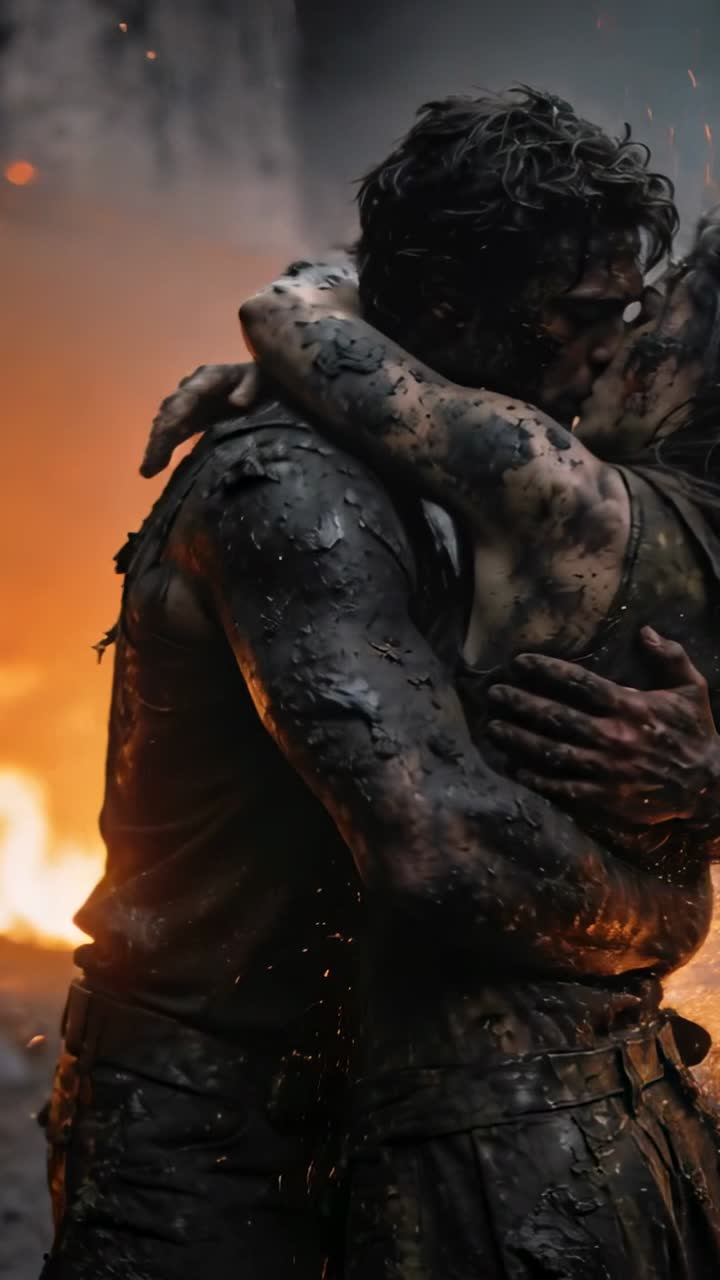 Video vertical: Pareja embarrada abrazándose y besándose cerca del fuego, las llamas impulsando un abrazo protector con la parte superior rasgada.