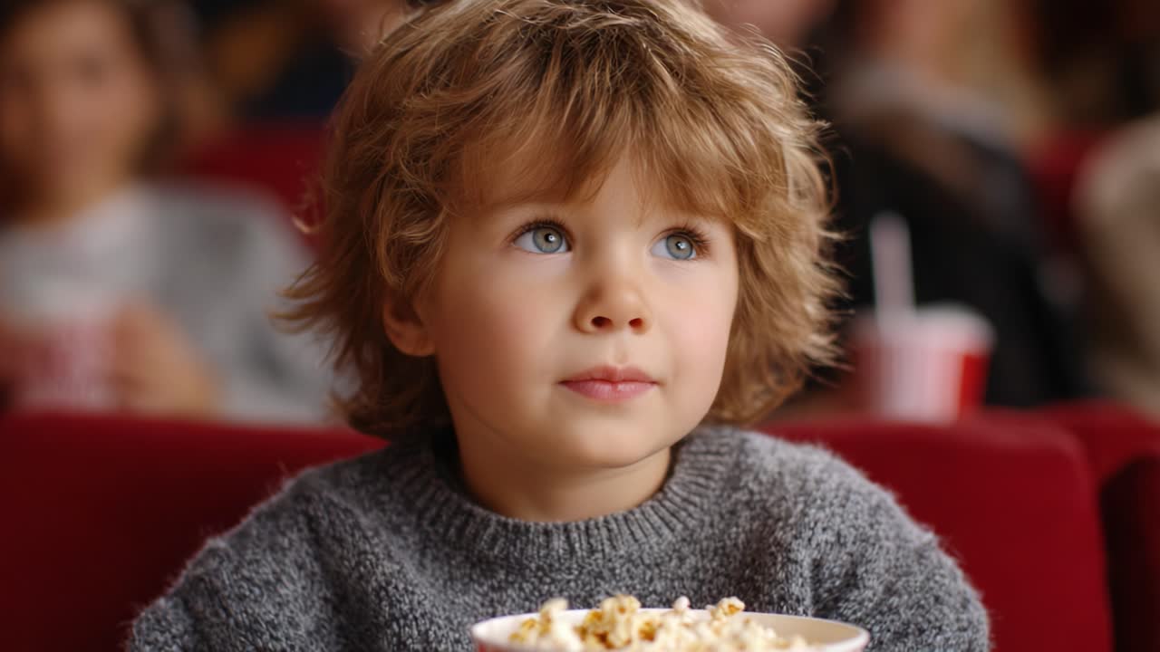 A Captivated Child Enjoying Popcorn at the Movies, Immersed in the Experience of Watching a Film with Excitement and Anticipation