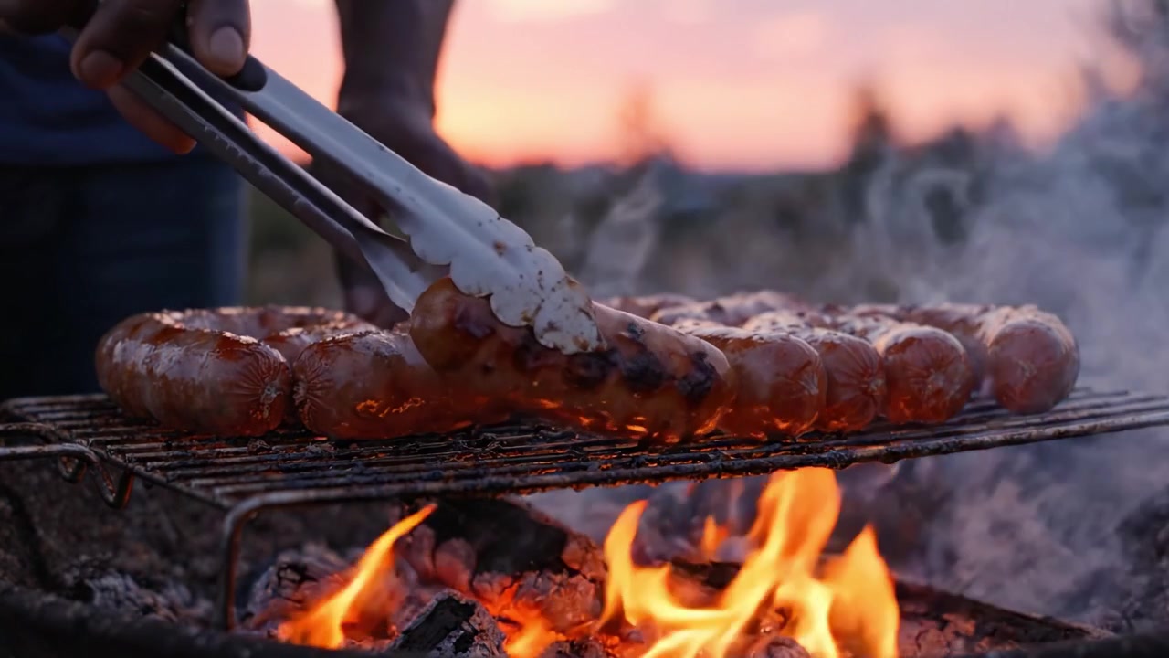 Riunirsi attorno al barbecue: deliziose salsicce cotte su fiamma viva mentre il sole tramonta, evidenziando una perfetta esperienza di barbecue serale