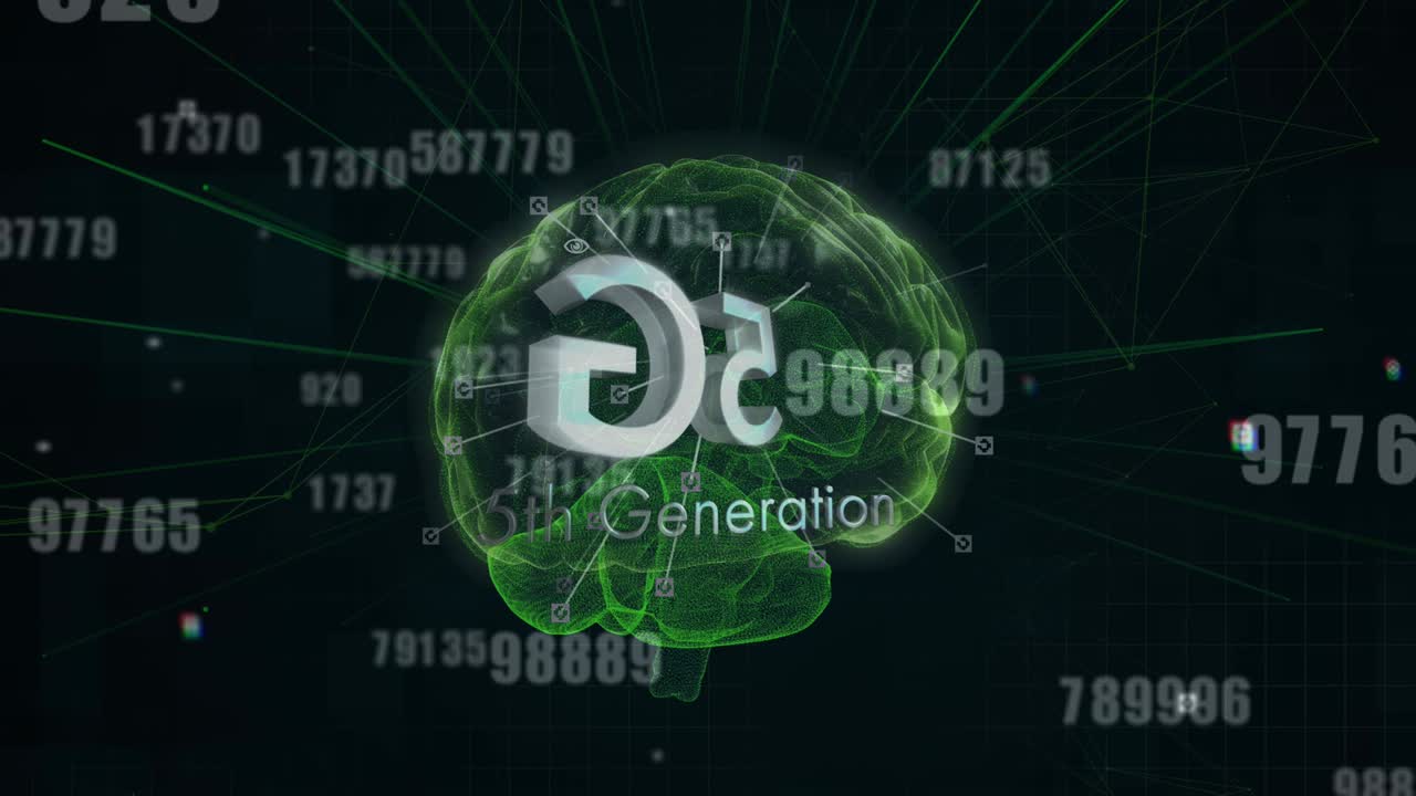animación de texto de 5g 5a generación con números que cambian sobre un cerebro humano brillante en fondo negro