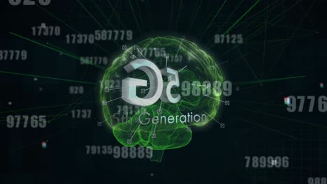 animation of 5g 5th generation text with numbers changing over glowing human brain on black backgrou