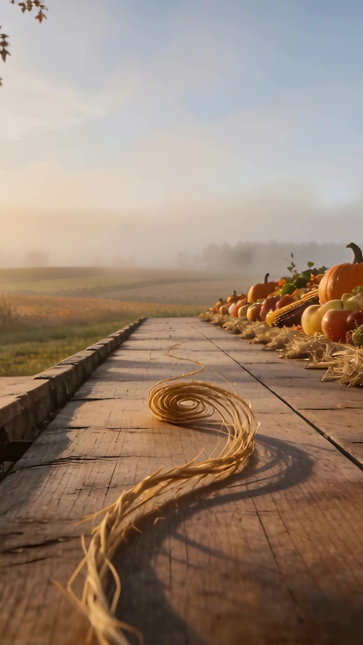 Vertical video: Panning shot revealing straw coil on wood table, sun lifting mist, showing pumpkins