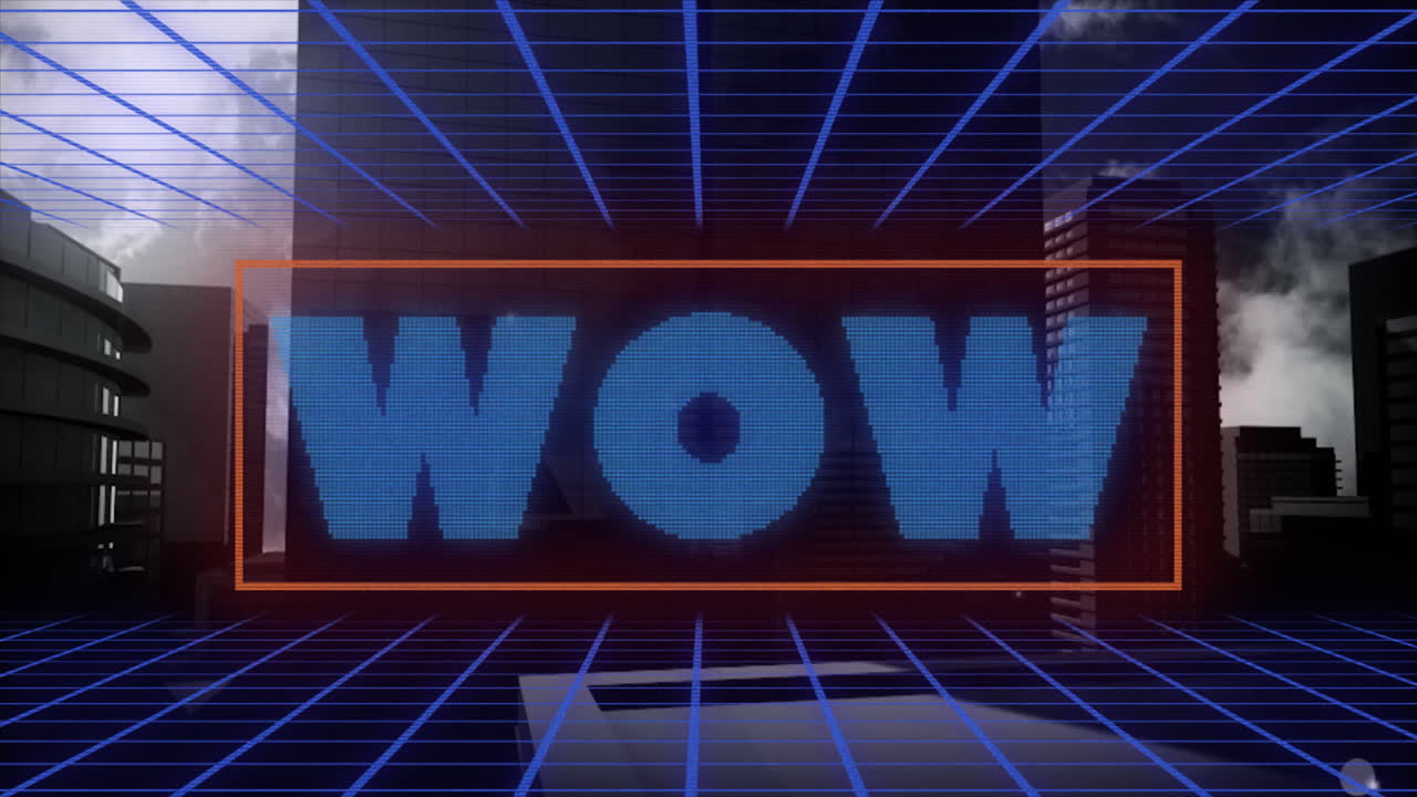 animación digital de banner de texto wow sobre la red de cuadrícula contra edificios altos