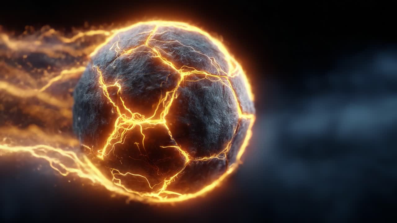 Explosive Motion of a Fiery Soccer Ball: Capturing the Dynamic Energy of a Striking Moment in a Futuristic and Powerful Sports Scene
