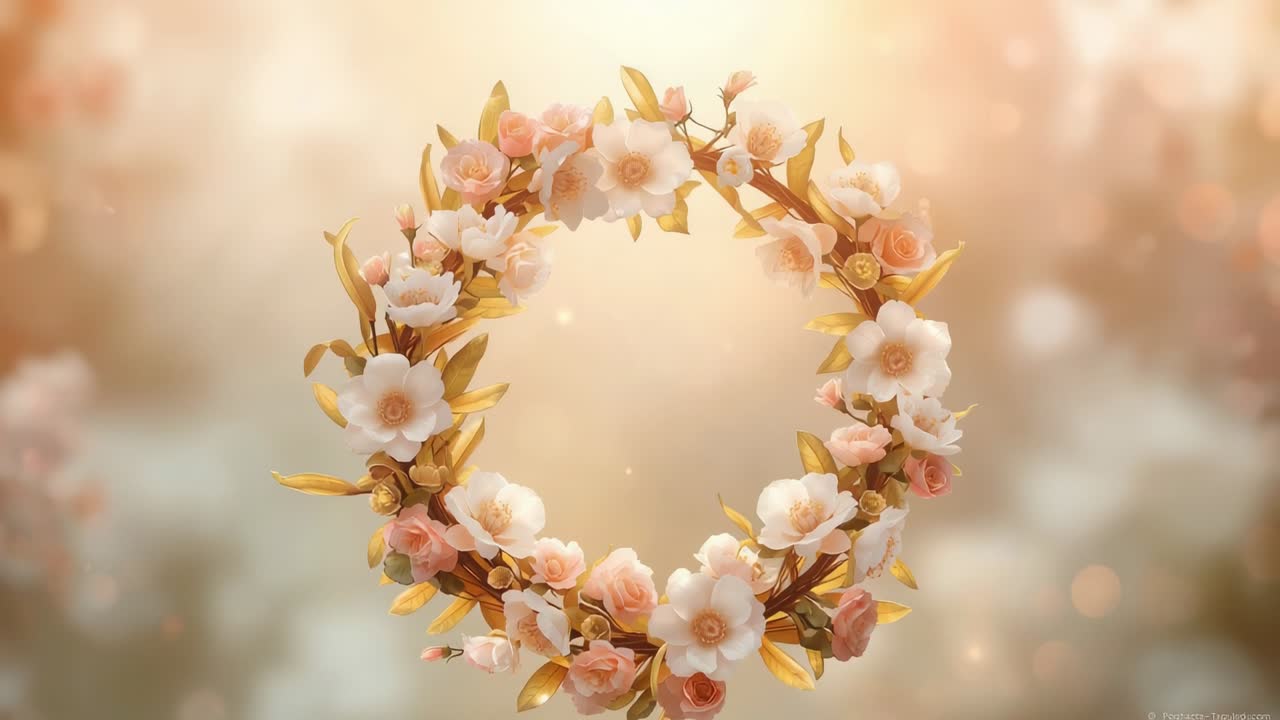 Couronne florale rotative flottant dans un bokeh chaleureux tandis que la lumière révèle des fleurs blanches et des feuilles dorées