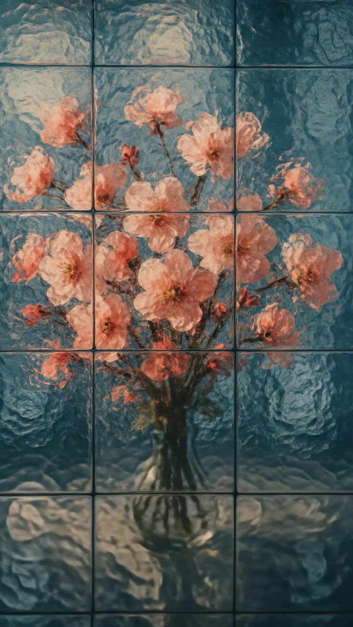 Fiori di ciliegio rosa in vaso di vetro dietro vetro testurizzato