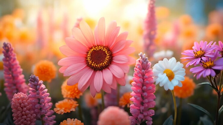 Helle Blüten im sanften Licht. Wunderschöne Blumen in verschiedenen Farben blühen in einem Garten, beleuchtet von sanftem Sonnenlicht im Frühling.