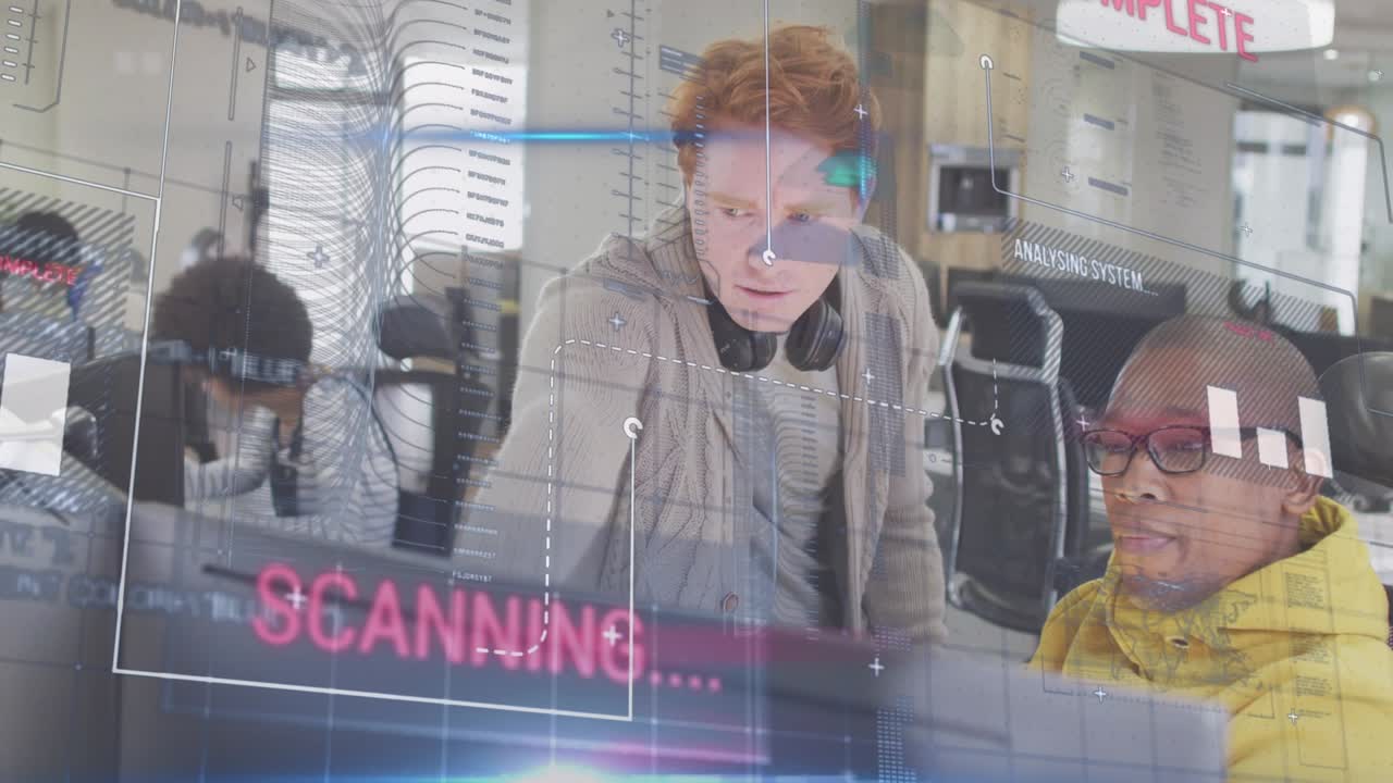 Animation of data processing over diverse business people in office
