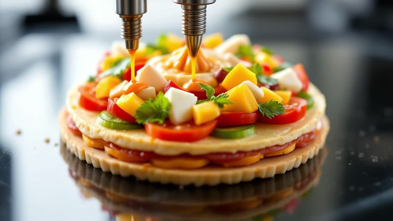 Colorful vegetable pizza topped with fresh ingredients is being drizzled with sauce in a modern kitchen, showcasing vibrant colors and textures, creating an appetizing culinary scene