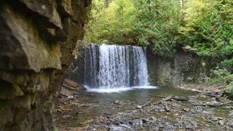 a small waterfall and riverbed nestled in a milton, ontario forest in summer