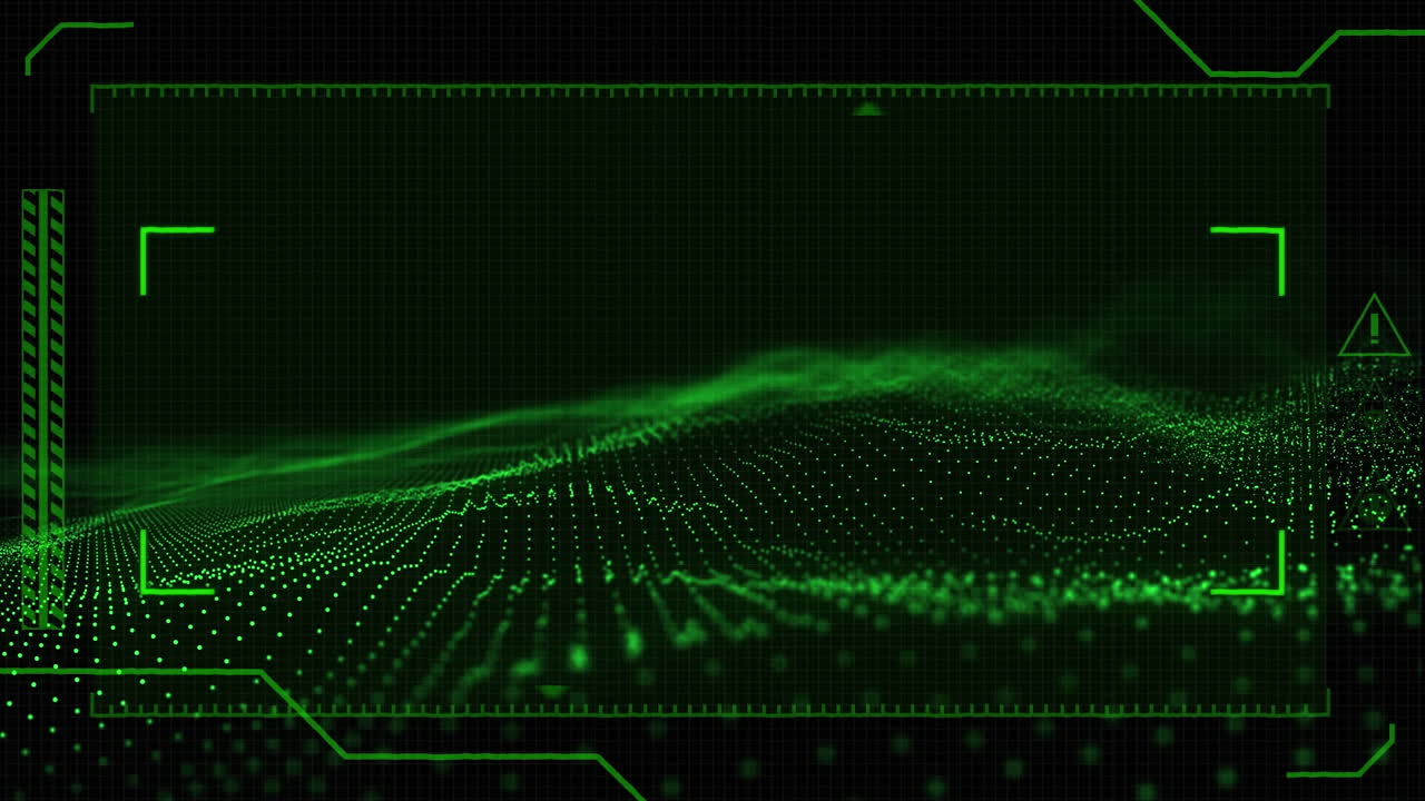 Animation of green glowing mesh, data processing and markers over screen