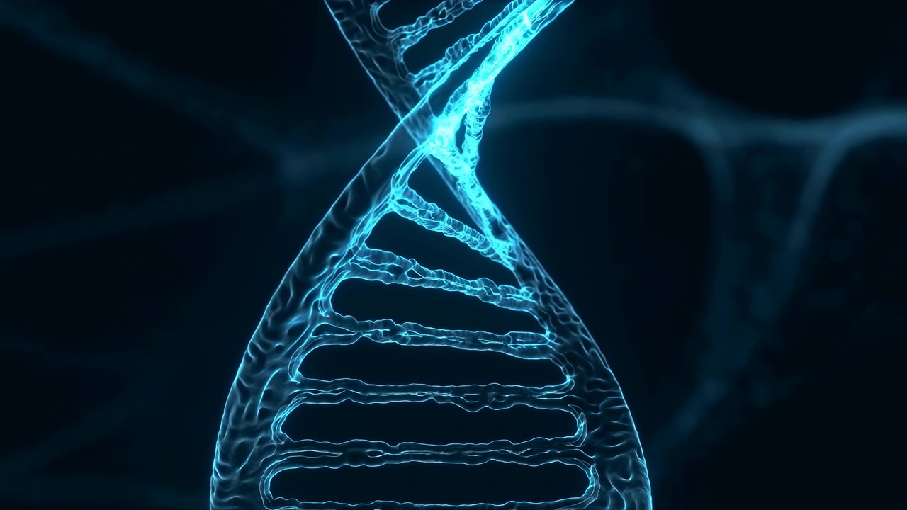Illuminated DNA double helix in close macro view with translucent tubular strands, ribbed crossbars, subtle diagonal lean, deep dark backdrop, and clean futuristic science aesthetic