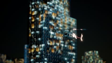 slow motion helicopter near skyscrapers at night