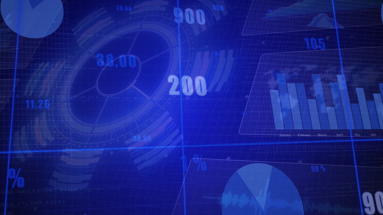 Animation of digital data visualization with graphs and charts on blue background