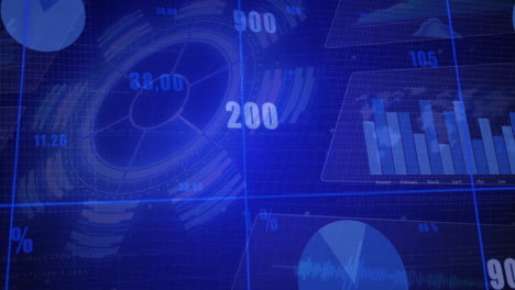 animation of digital data visualization with graphs and charts on blue background