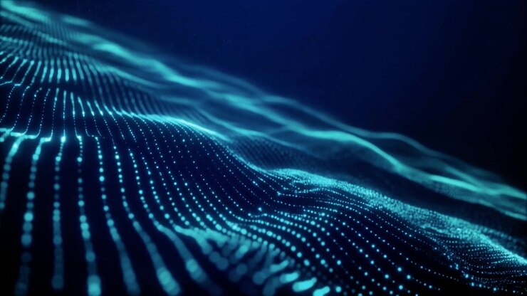 Onda digitale astratta di particelle blu luminose