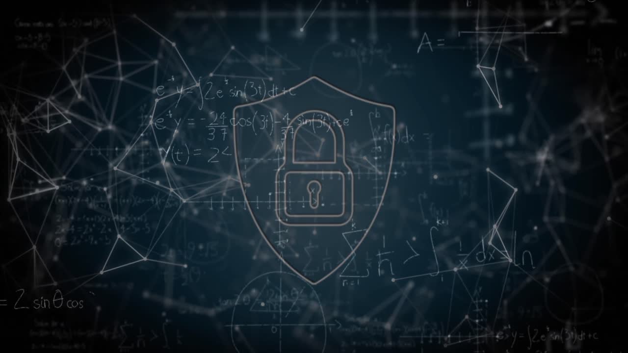 icono de candado de seguridad y red de conexiones contra ecuaciones matemáticas