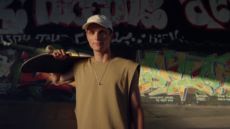 Smiling-man-having-break-after-training-at-skatepark.-Teen-holding-skateboard.