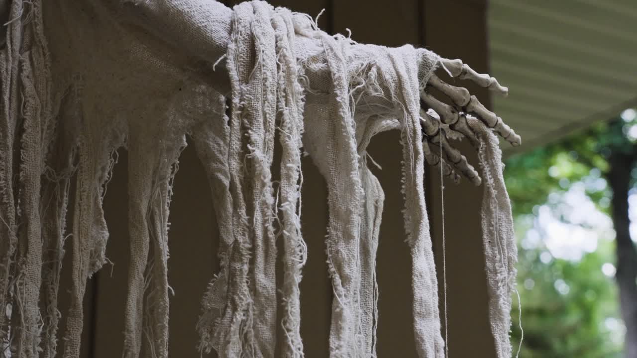 Rags hanging in a bunch as decoration for Halloween