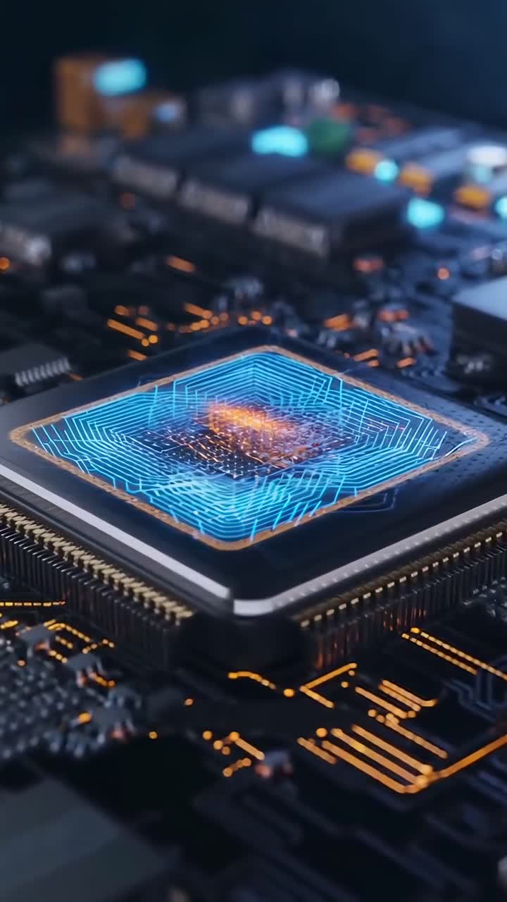 Video ravvicinato di un microchip su un circuito stampato, che mostra dettagli intricati e linee luminose