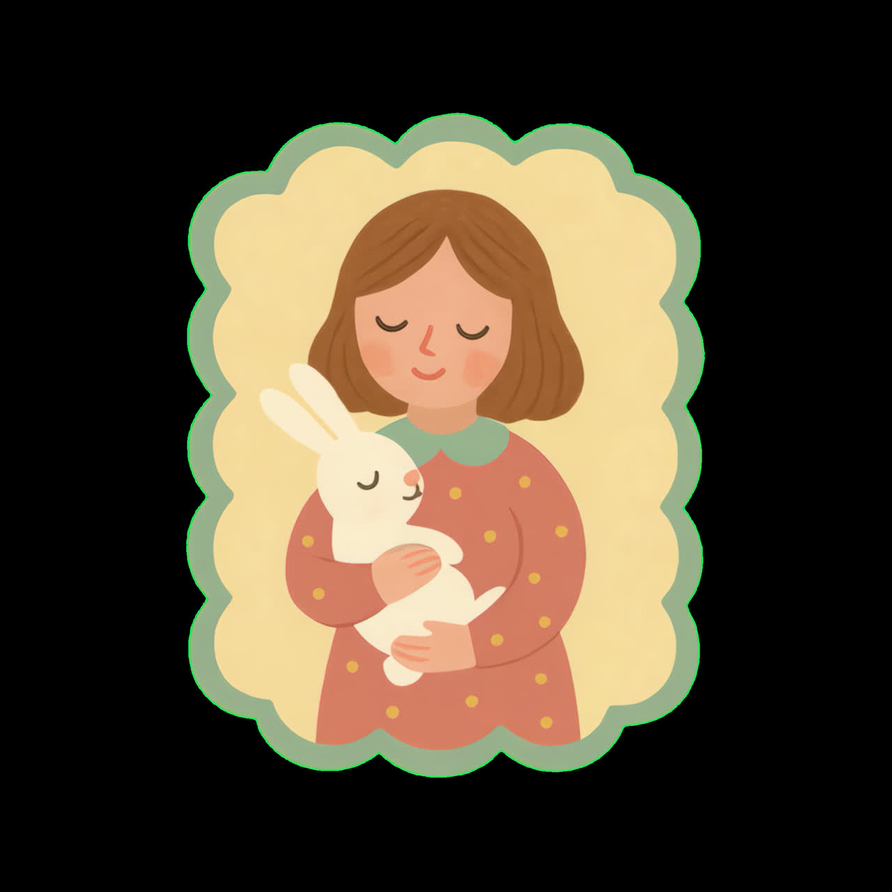 Child cuddling bunny illustration animation isolated asset, transparent 4K video, alpha channel