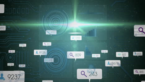 animation of digital data analytics with search icons on green background
