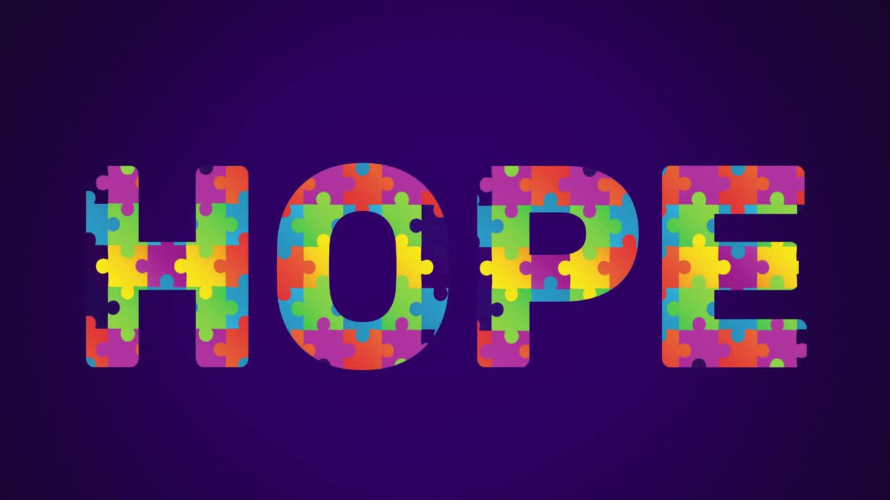희망이라는 단어를 형성하는 다채로운 퍼즐 요소의 애니메이션 자폐증 인식 달 기호