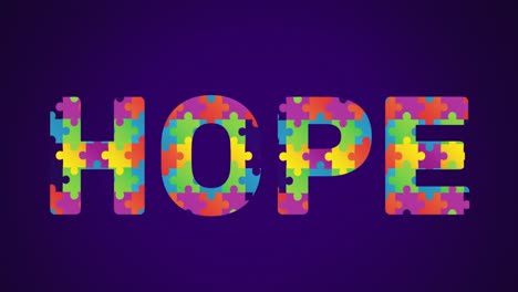 Animation of multi coloured puzzle elements forming word Hope Autism Awareness Month symbol