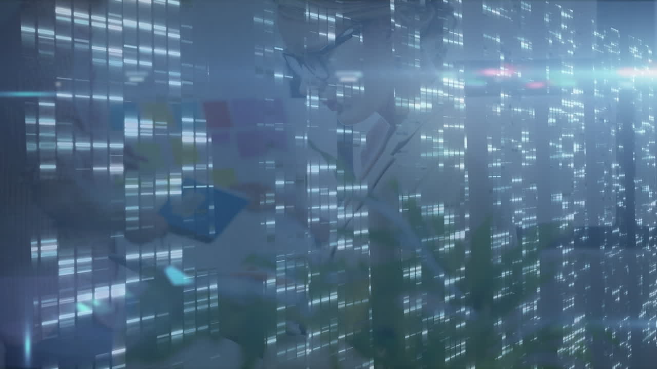 Animation of glowing lights over talking business people